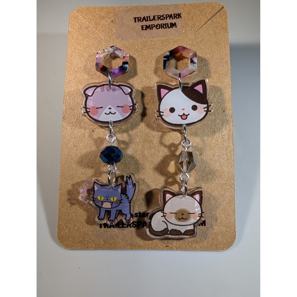 Trailerspark Emporium Mismatched Acrylic Cat Drop Earrings Nickel Free Kawaii
